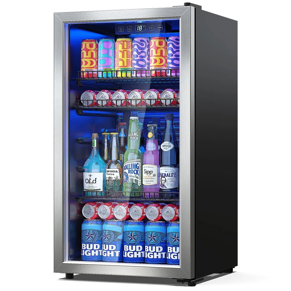 Beverage Refrigerator Cooler,Freestanding Mini Fridge Cooler with Glass Door & Digital Temperature Display for Soda,Wine or Beer